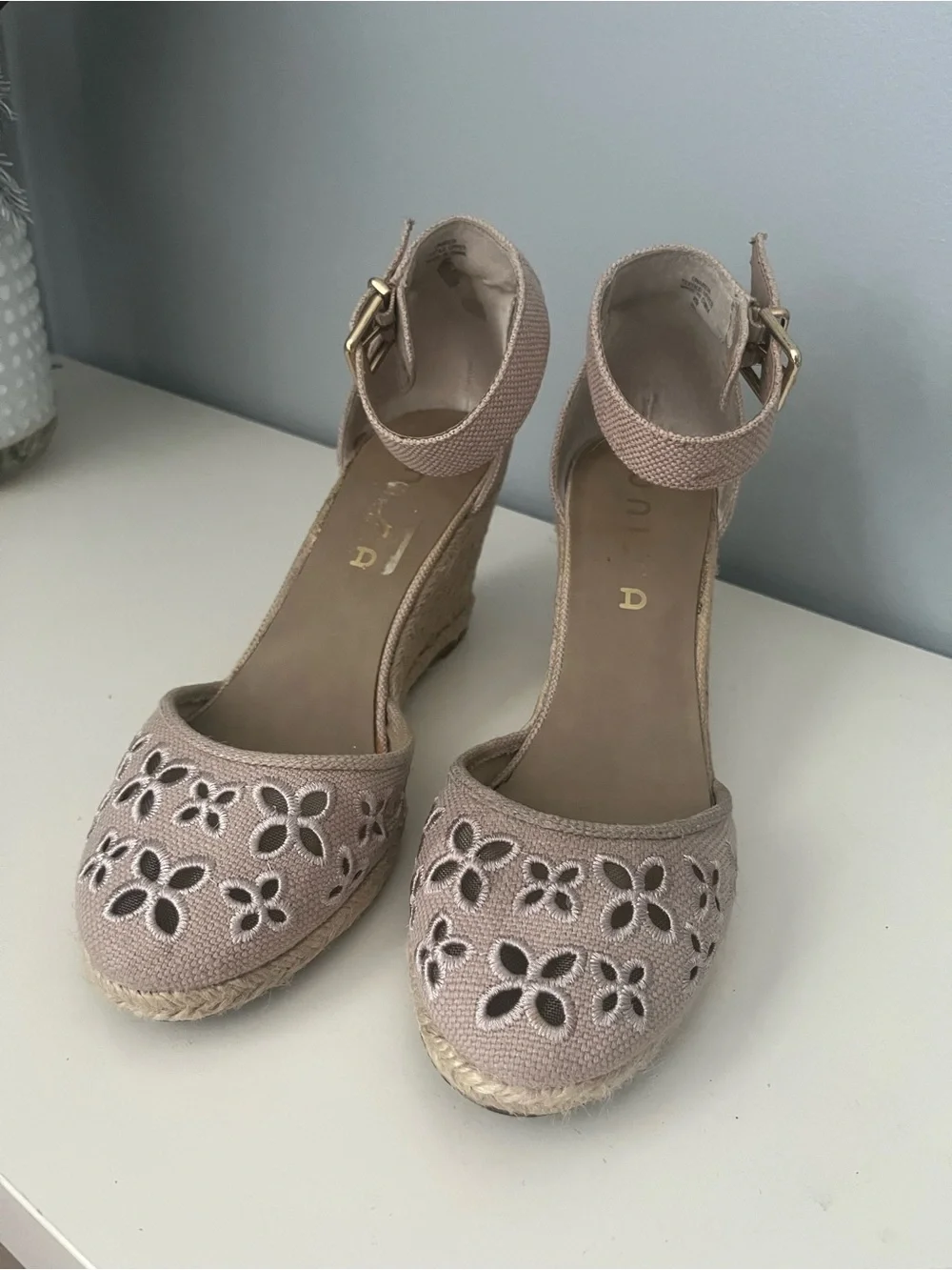 Unisa Women's Ankle Strap Espadrille Wedges in Blush Pink with Floral Cutouts